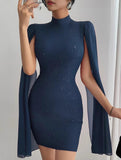 Round neck ribbed cape bodycon dress
