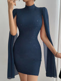 Round neck ribbed cape bodycon dress