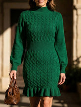 Fashionable cable knit waist-cinching sweater dress