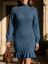 Fashionable cable knit waist-cinching sweater dress
