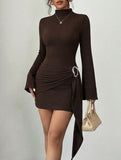 Solid color slim fit metal buckle dress