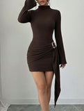 Solid color slim fit metal buckle dress