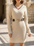 Simple lace V-neck knit dress
