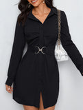 Black button-down long-sleeved collared dress
