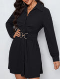Black button-down long-sleeved collared dress