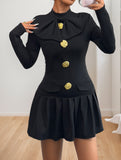 High-neck bow button dress