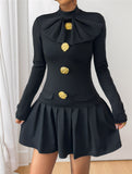 High-neck bow button dress