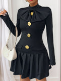High-neck bow button dress