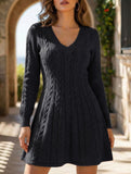 Retro cable knit V-neck fitted dress