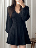 Retro cable knit V-neck fitted dress