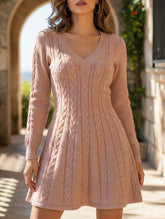 Retro cable knit V-neck fitted dress