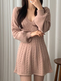 Retro cable knit V-neck fitted dress