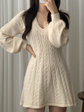 Retro cable knit V-neck fitted dress