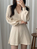 Retro cable knit V-neck fitted dress