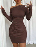 One Shoulder Long Sleeve Bodycon Dress_CWDSD11306