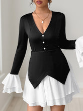 V Neck Puff Sleeve Loose Polo Shirt Top