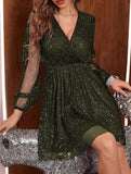 V Neck Mesh Patchwork Elegant Maxi Dress_CWDSD11401