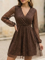 V Neck Mesh Patchwork Elegant Maxi Dress_CWDSD11401
