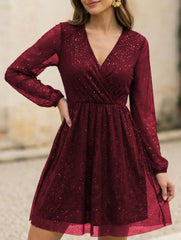 V Neck Mesh Patchwork Elegant Maxi Dress_CWDSD11401
