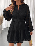Black Jacquard Long Sleeve Mini Dress_CWDSD11425