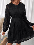 Black Jacquard Long Sleeve Mini Dress_CWDSD11425