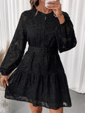 Black Jacquard Long Sleeve Mini Dress_CWDSD11425