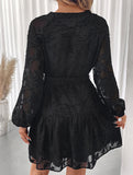 Black Jacquard Long Sleeve Mini Dress_CWDSD11425