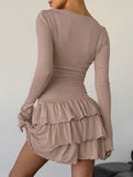 Waist Cinched Ruffle Long Sleeve Work Dress_CWDSD11447