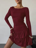 Waist Cinched Ruffle Long Sleeve Work Dress_CWDSD11447