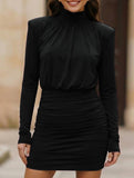 High Neck Ruched Satin Bodycon Midi Dress_CWDSD11448