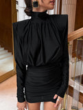 High Neck Ruched Satin Bodycon Midi Dress_CWDSD11448