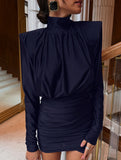 High Neck Ruched Satin Bodycon Midi Dress_CWDSD11448