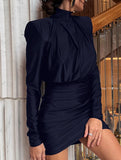 High Neck Ruched Satin Bodycon Midi Dress_CWDSD11448