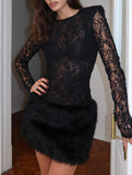 Lace Patchwork Fuzzy Bodycon Mini Dress_CWDSD11449