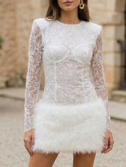 Lace Patchwork Fuzzy Bodycon Mini Dress_CWDSD11449