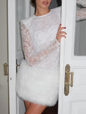 Lace Patchwork Fuzzy Bodycon Mini Dress_CWDSD11449