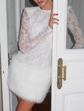 Lace Patchwork Fuzzy Bodycon Mini Dress_CWDSD11449