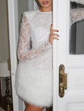 Lace Patchwork Fuzzy Bodycon Mini Dress_CWDSD11449
