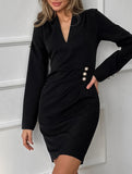 Pearl button V-neck shirt dress for women_CWDSD11468