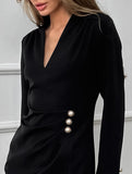 Pearl button V-neck shirt dress for women_CWDSD11468