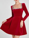 Stylish velvet square neck elegant dress for women_CWDSD11502