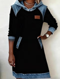 Hooded Patchwork Washed Denim A Line Dress_CWDSD11514