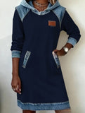 Hooded Patchwork Washed Denim A Line Dress_CWDSD11514