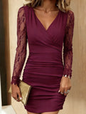 V-neck lace long-sleeved bodycon dress for women_CWDSD11525