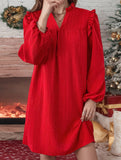 Ruffle V Neck Long Sleeve Knee Dress_CWDSD11534