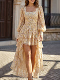 Floral V Neck Long Sleeve Pleated Dress_CWDSD11543