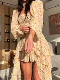 Floral V Neck Long Sleeve Pleated Dress_CWDSD11543