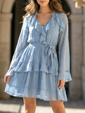 V Neck Ruffle Bell Sleeve Slim Dress_CWDSD11549