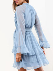 V Neck Ruffle Bell Sleeve Slim Dress_CWDSD11549