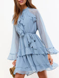 V Neck Ruffle Bell Sleeve Slim Dress_CWDSD11549